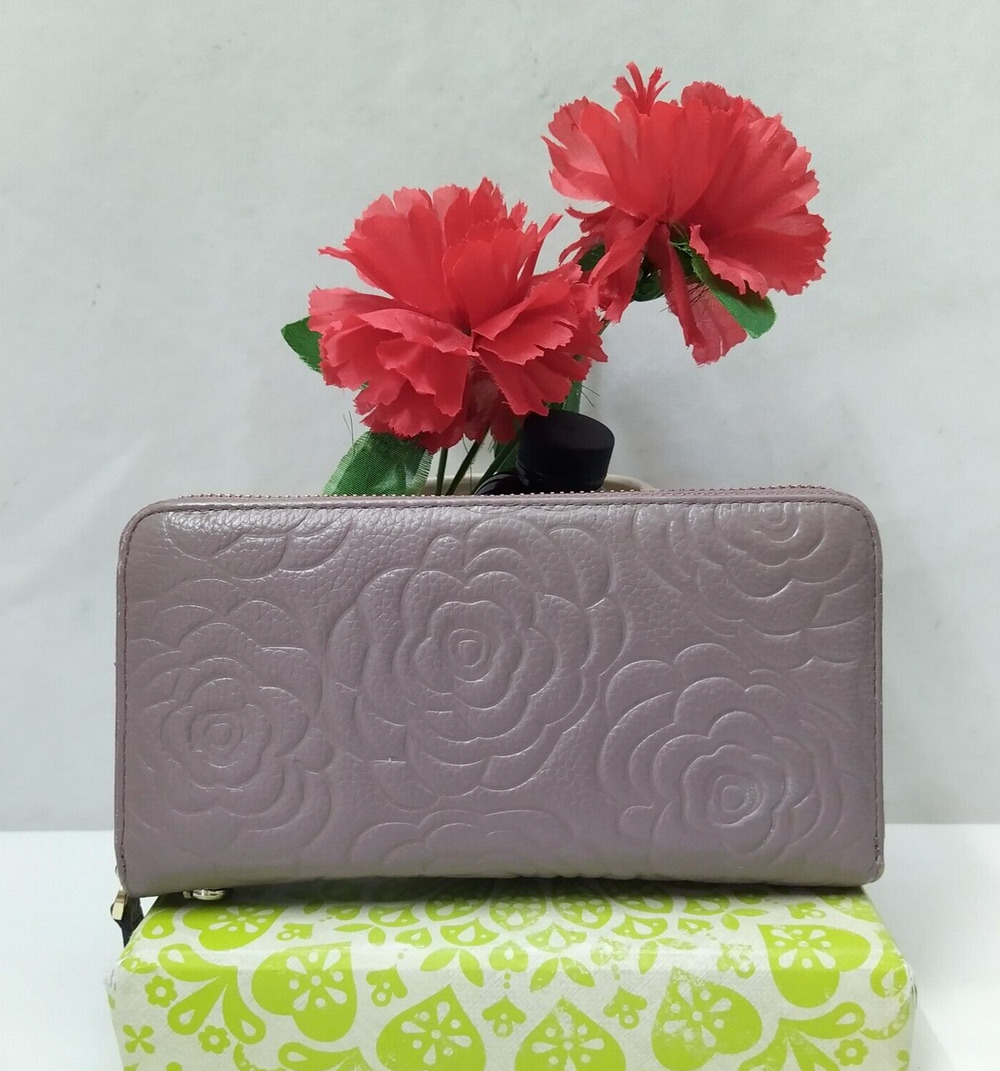 Bostanten Beige Leather Flower Embossed Zip Around Credit Card Wallet